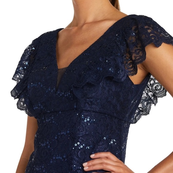 Women’s Formal Dress Size 14 NIGHTWAY Navy Sequins Flutter Sleeve Short Evening - Picture 2 of 6